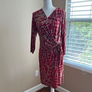 Nine West Red and Cream Ruched Wrap Dress